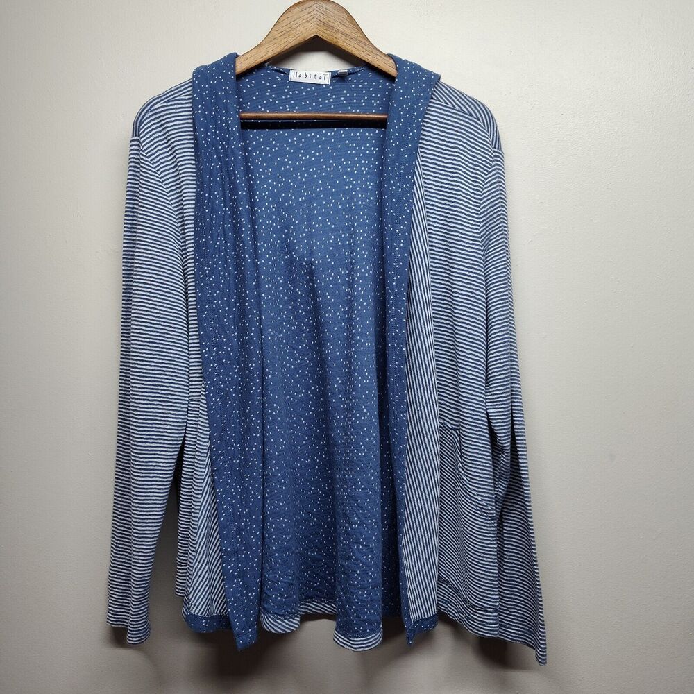 Habitat Cardigan Sweater Women Size L Blue Stripes Jersey Open Hooded Sporty